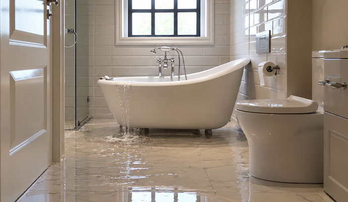 Water overflowing from a bathtub and flooding a bathroom floor
