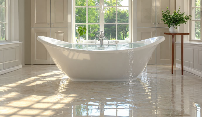 Water overflowing from a bathtub onto a floor