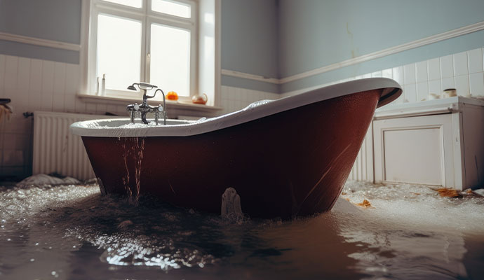 Water overflowing from a red bathtub onto a flooded floor
